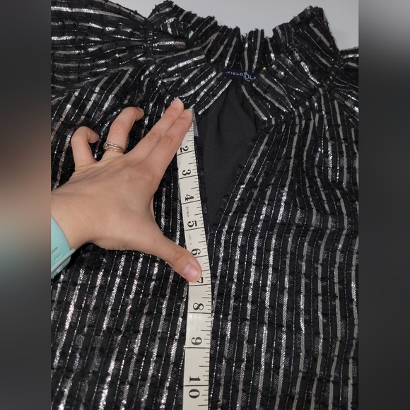 Duffield Lane Black Metallic Stripes Tiered Puff Sleeve Whimsygoth Holiday Dress - Picture 10 of 13